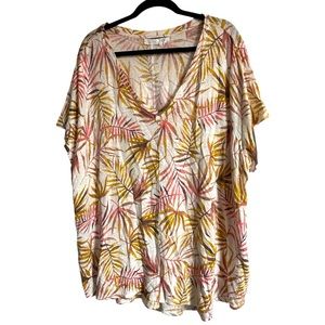 Sigrid Olsen 100% Linen Short Sleeve V Neck Blouse Tropical Palm Leaf Print 3X